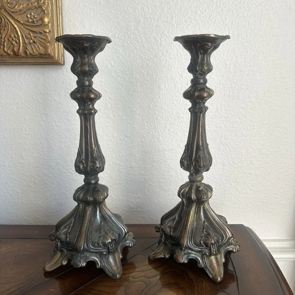 Antique Victorian Candlestick Pair 13 Inch‎ Baroque Footed Copper Bronze Gilt